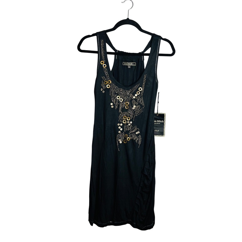 Love Stitch Black Gold Embellished Tank Dress Size S‎ Beaded Grunge Goth NWT